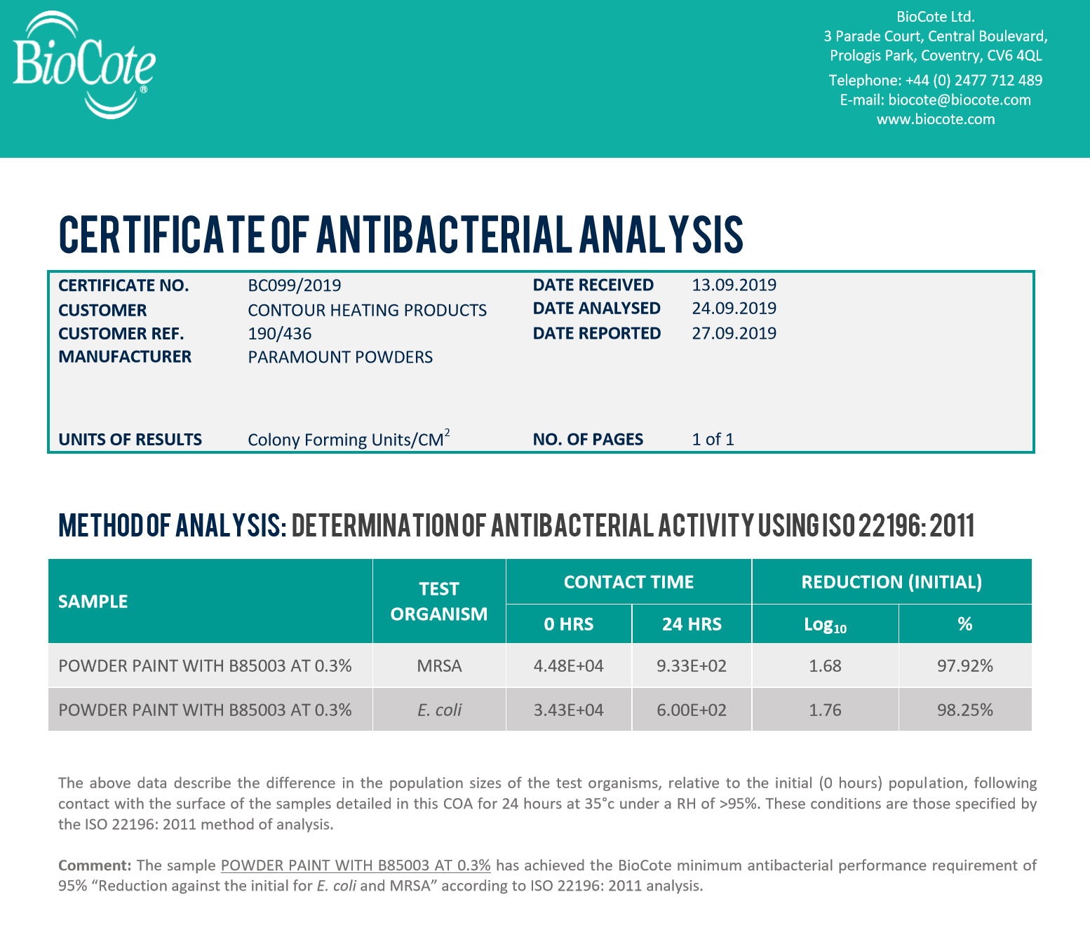 biocote certificate of analysis for contour heating-1