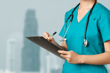 healthcare-workers-preventing-virus-quarantine-campaign-concept-smiling-friendly-female-doctor-nurse-scrubs-writing-dorn-results-analysis-clipboard-standing-white-background